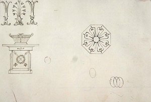 Design til støbt arbejdsdekoration, fra enogtyve pentegninger af dekorative detaljer i antik stil (pen og brunt blæk på papir)